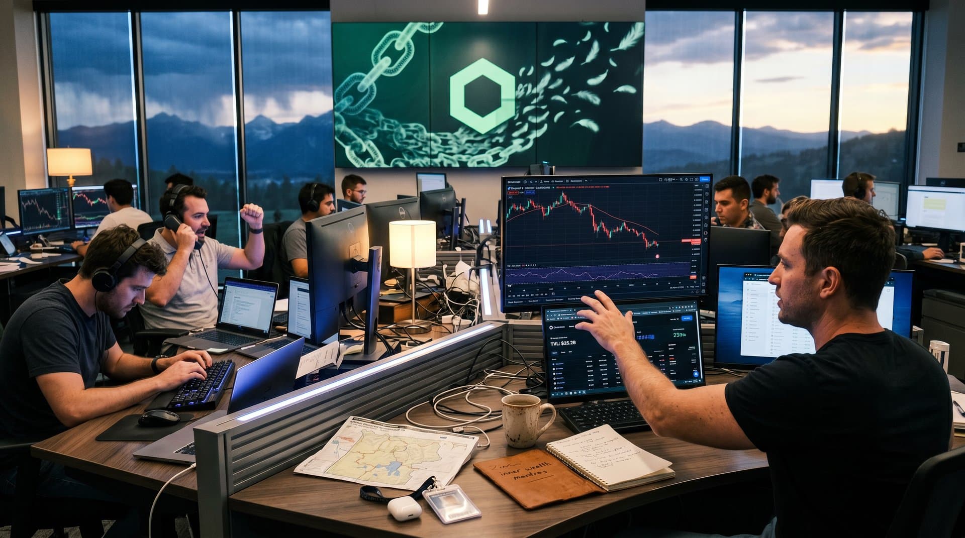 Abstract trading floor with Chainlink price dip charts to $9.41, coffee, journals, and nature views symbolizing detachment