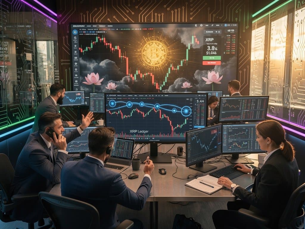 Abstract XRP 3.8% dip chart to $1.44 overlaid with breath waves, lotus flowers, and golden light for resilience