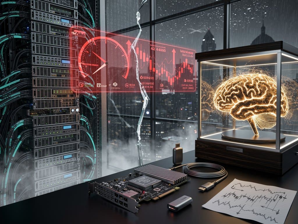 Abstract contrast of AI GPU servers and human brain synapses with crypto Fear & Greed at 26 and BTC price chart