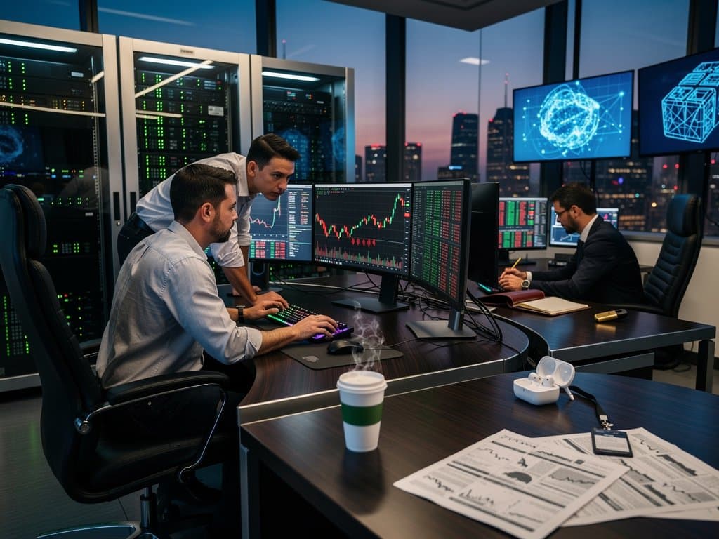 High-tech trading desk with monitors showing AI sell-off charts, Fear & Greed at 26, BTC at $75,788, and crypto data in modern finance environment