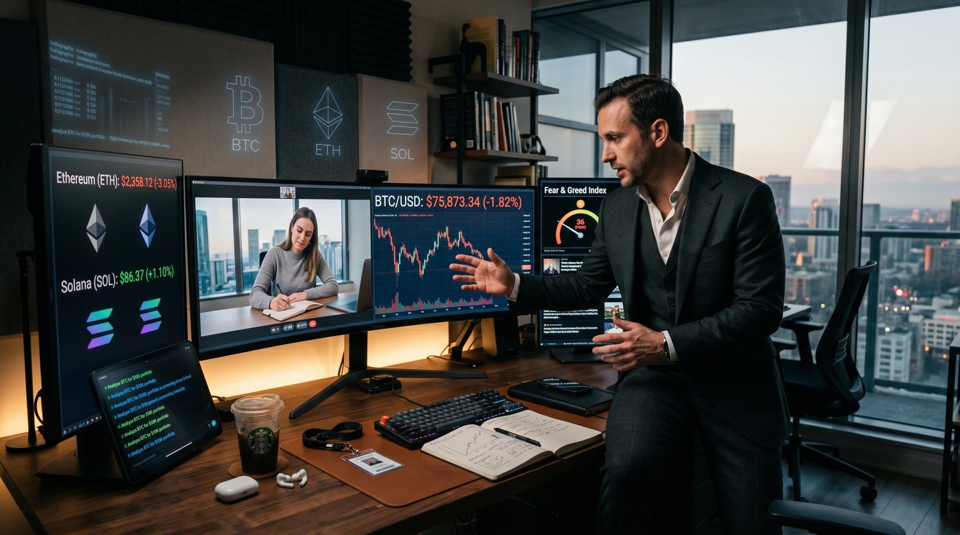 Tech trading desk screens show BTC charts, Fear Index 26, and AI prompts for finance resilience