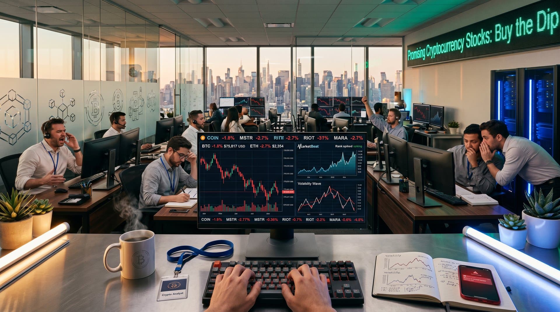 Traders monitor promising cryptocurrency stocks and dipping BTC prices on multi-screens amid Fear & Greed Index at 27