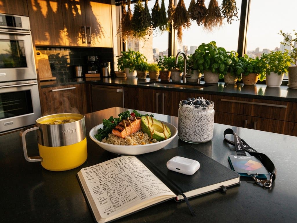 Golden milk, salmon quinoa bowl, and chia pudding beside Solana dip chart on laptop in herb-filled kitchen, embodying wellness during crypto volatility