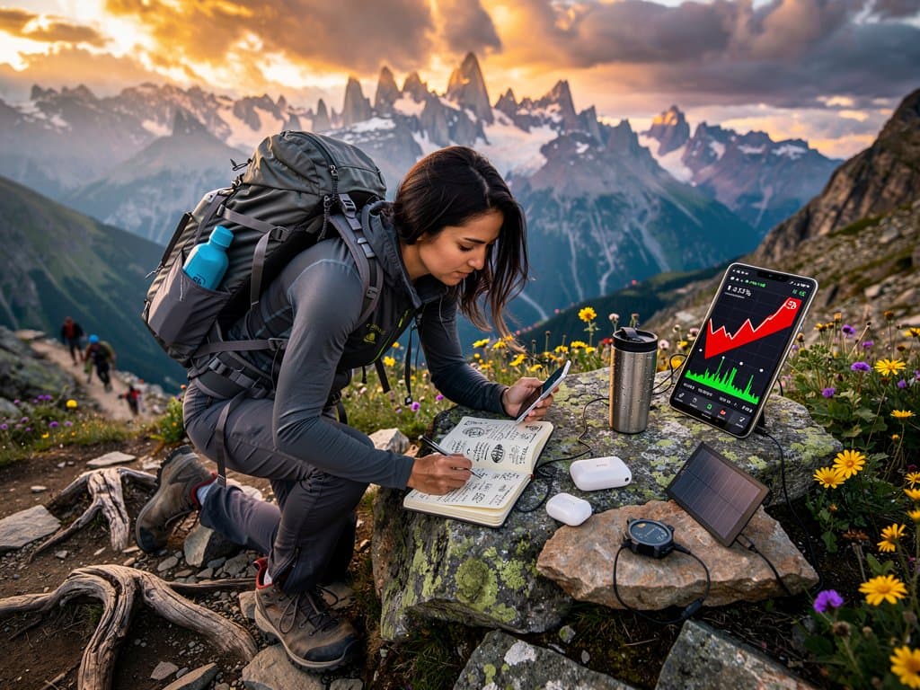 Nomad trail scene with smartphone showing dipping Cardano chart at sunset in Patagonia mountains