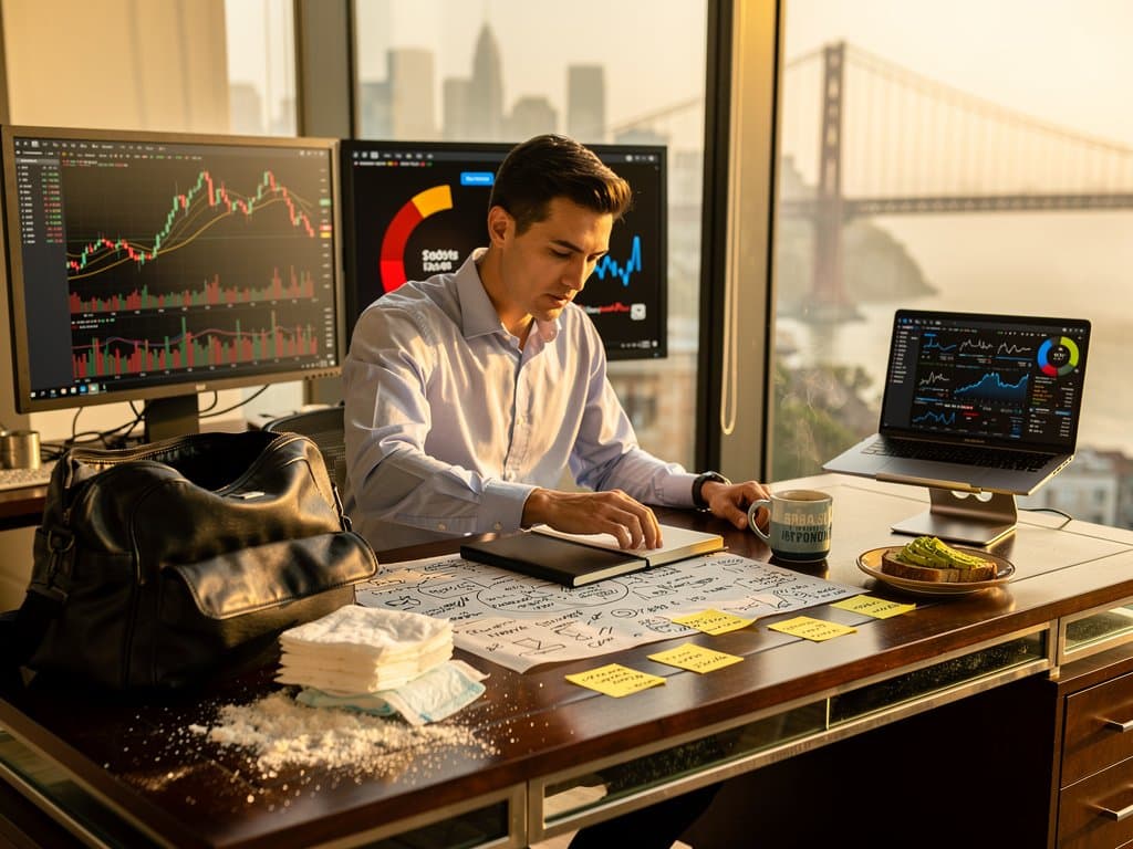 Tech desk scene with open diaper bag, BTC chart at $75,440 USD drop, Fear & Greed 27 gauge, notebook on Diaper Test, symbolizing authentic leadership amid crypto fear (98 chars)