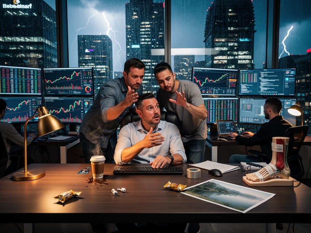 Leader embraces mess in tech office with crypto screens and Diaper Test notebook amid volatility