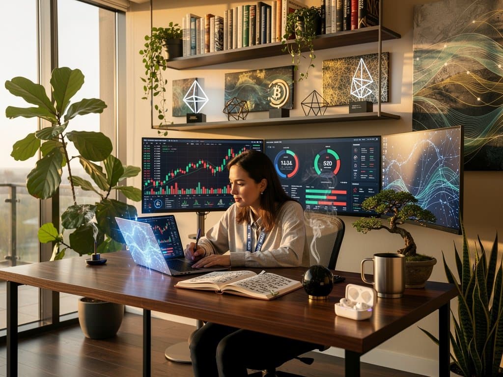 Serene workspace with crypto charts, AI visuals, journal, and plants symbolizing resilience amid tech fears