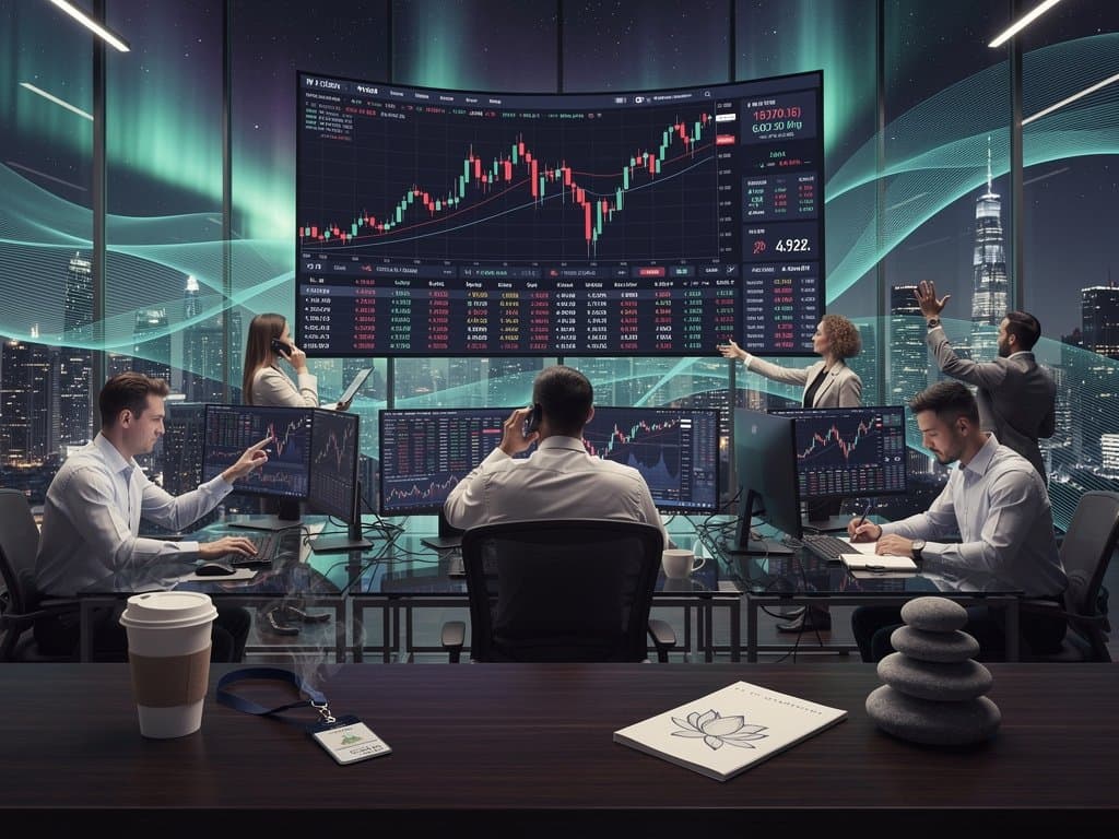 Abstract BNB dip charts on screens with zen wellness elements symbolizing crypto detachment and financial calm