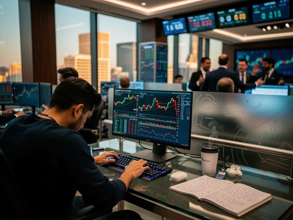 Abstract traders at modern terminals showing Solana crypto dip charts with red lines, desks with coffee and gear under warm lighting
