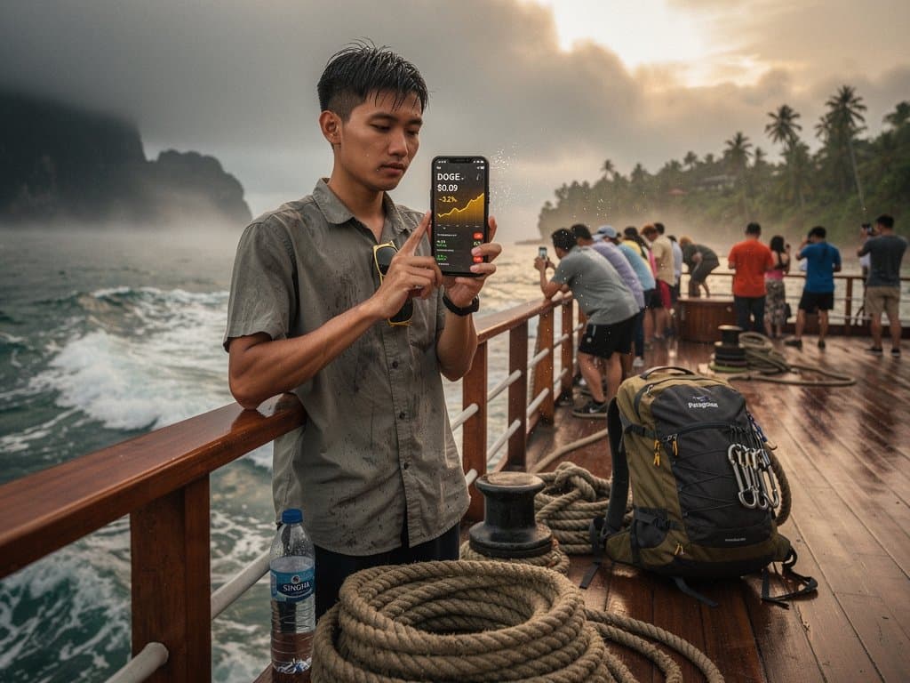 Traveler on Andaman Sea ferry checking Dogecoin $0.09 dip on phone amid fog and waves near Koh Yao Noi