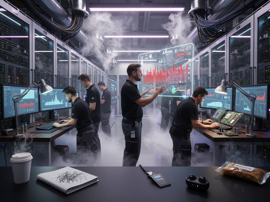 Futuristic data center with glowing server racks, helium cooling vapors, and holographic AI metrics amid supply chain tension
