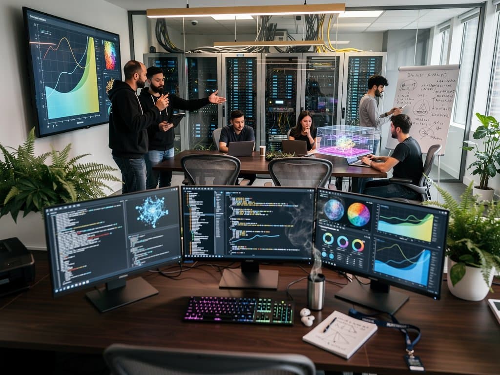 AI lab with multi-monitor setups displaying neural networks, server racks, and collaborative workspace evoking tech innovation