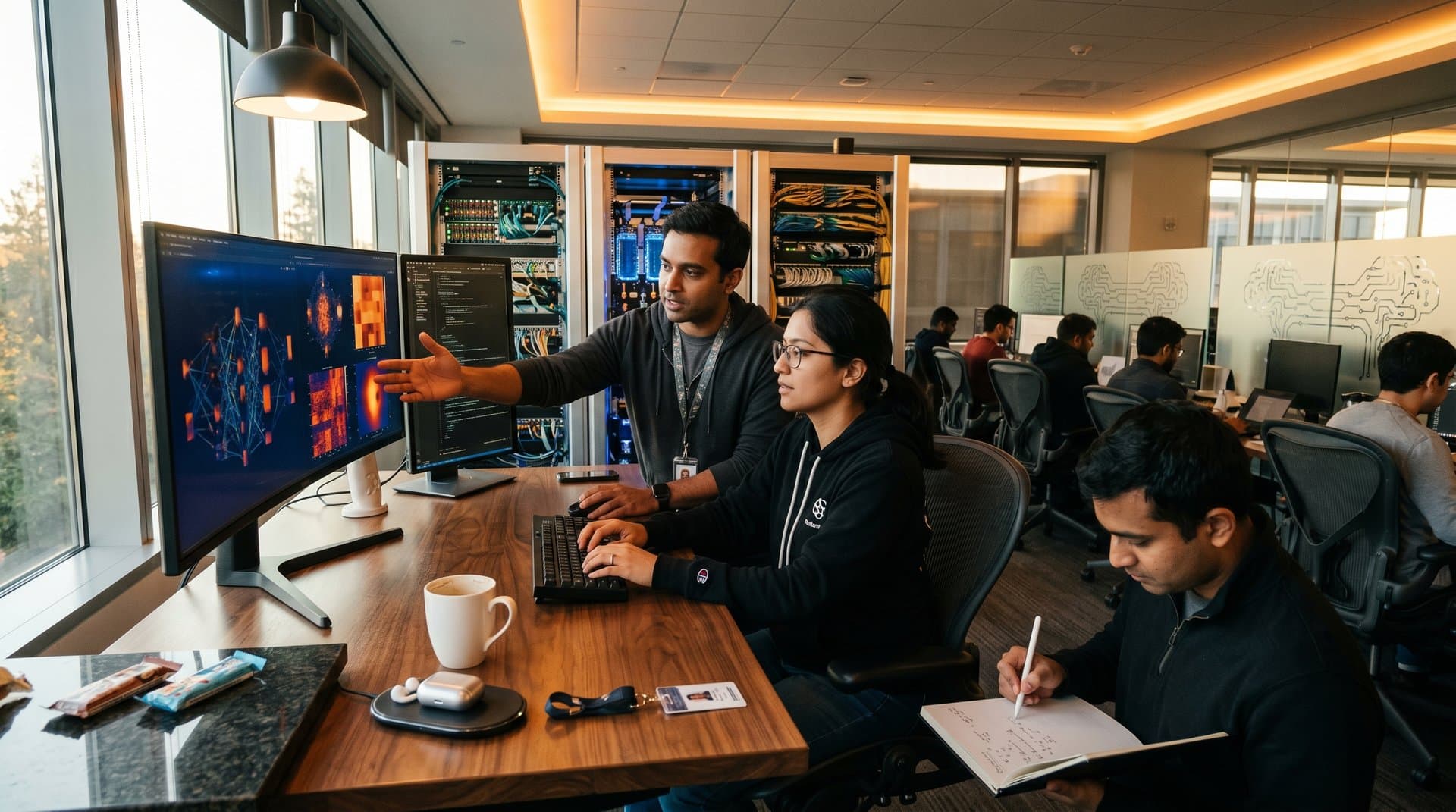 Abstract AI lab with glowing servers, neural network displays on monitors, high-tech desks and futuristic lighting