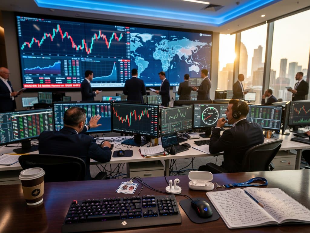 Crypto trading screens show Bitcoin $75,714 dip amid Iran tensions, Fear & Greed at 27, volatility charts in modern finance office
