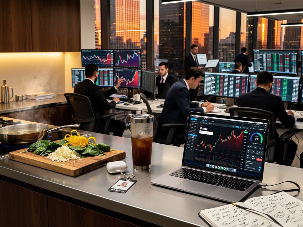 Kitchen counter with garlic spinach recipe beside laptop showing Bitcoin Iran conflict dip charts and low Fear & Greed Index.