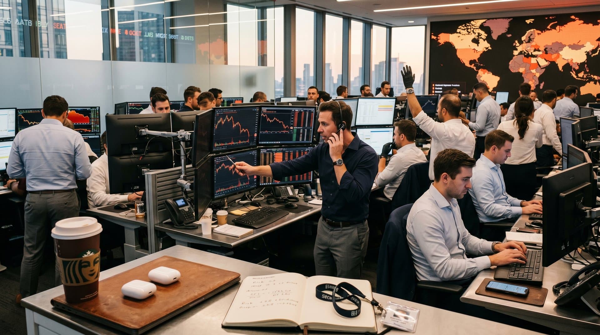 Trading floor analysts review Bitcoin dip charts on multi-monitors amid volatility alerts and Middle East risk map