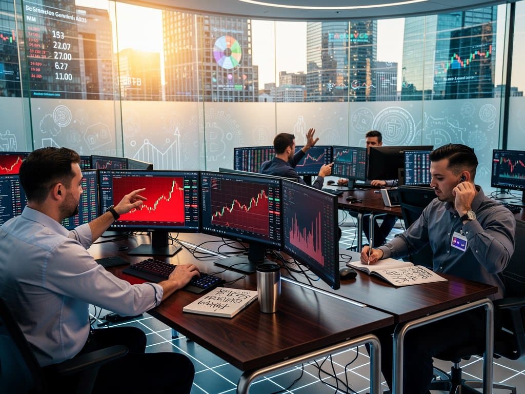 Trading terminals display BTC and ETH charts with Fear & Greed Index at 27 amid market volatility indicators