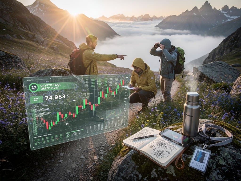 Abstract crypto fear index overlay on Patagonia trail symbolizing AI human worth reflection