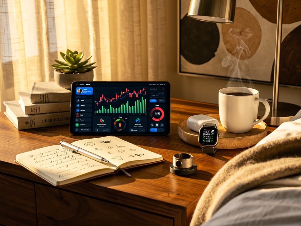Smartphone displaying AI habit notification with crypto charts on nightstand in serene morning light