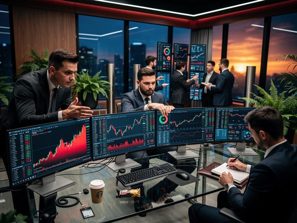 Intense trading floor with red crypto plunge charts on multi-screens, Bitcoin steady, city skyline view, professional finance atmosphere
