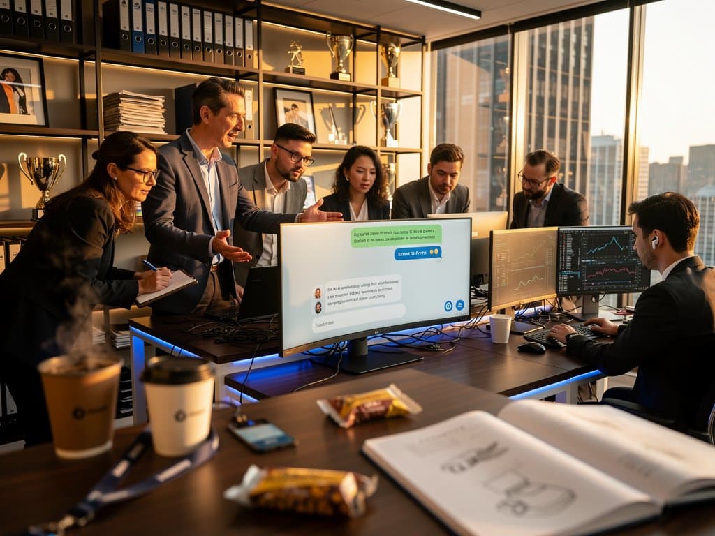 Team debates ChatGPT prompts on office screen amid laptops and notes