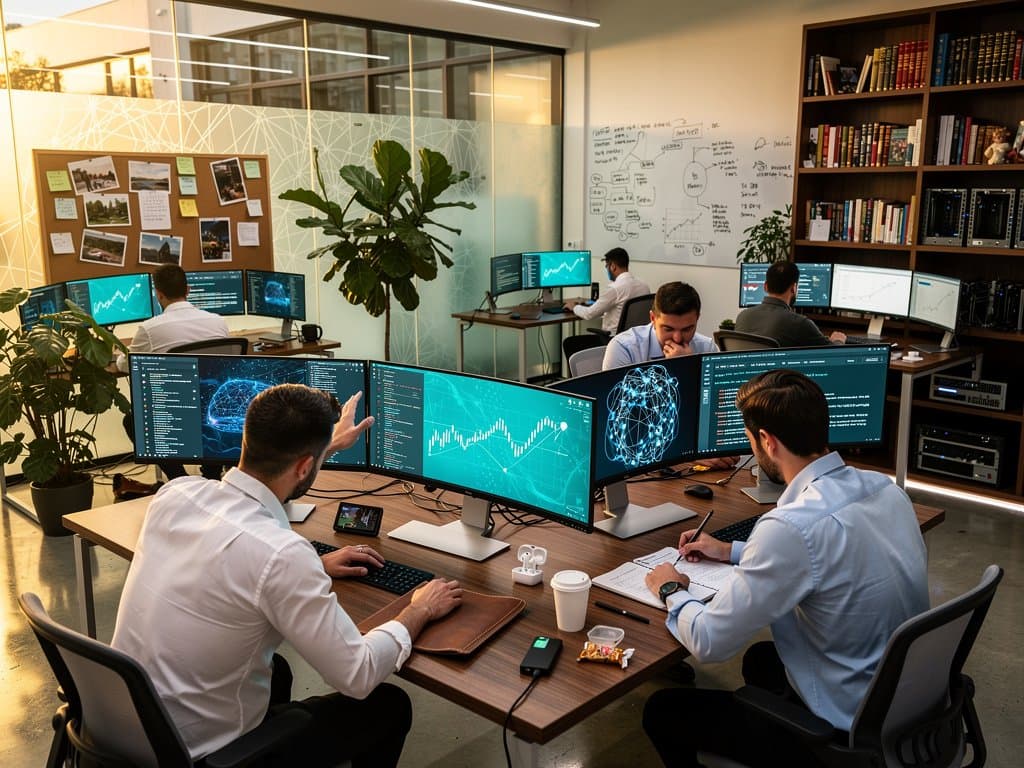 Sleek tech office with monitors showing ChatGPT interfaces and AI graphs amid innovative workspace elements