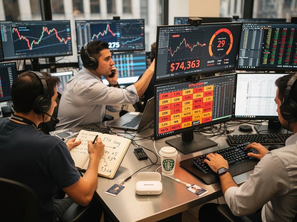 Trading screens show BTC at $74k dip, Fear Index 29, crypto stocks like COIN and MSTR in modern finance setup