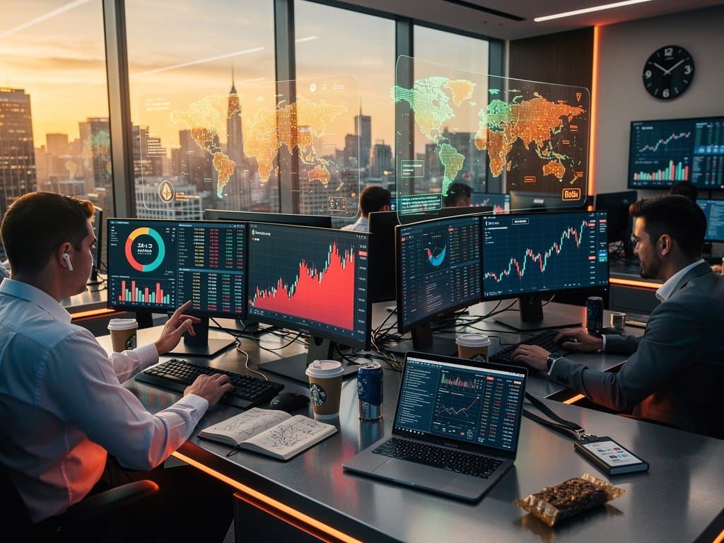 Trading room analysts review crypto dips on monitors with BTC at $74k and Fear Index at 29