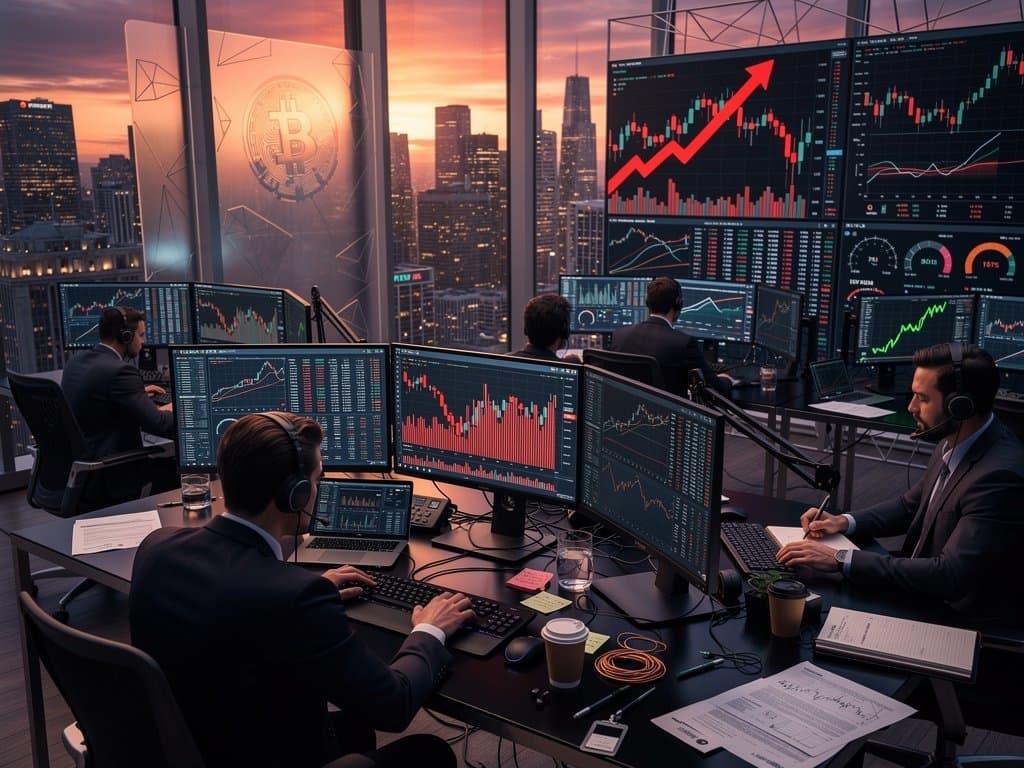 Trading floor terminals show BTC $74,722 charts, Fear & Greed 29, and crypto stock tickers amid market volatility
