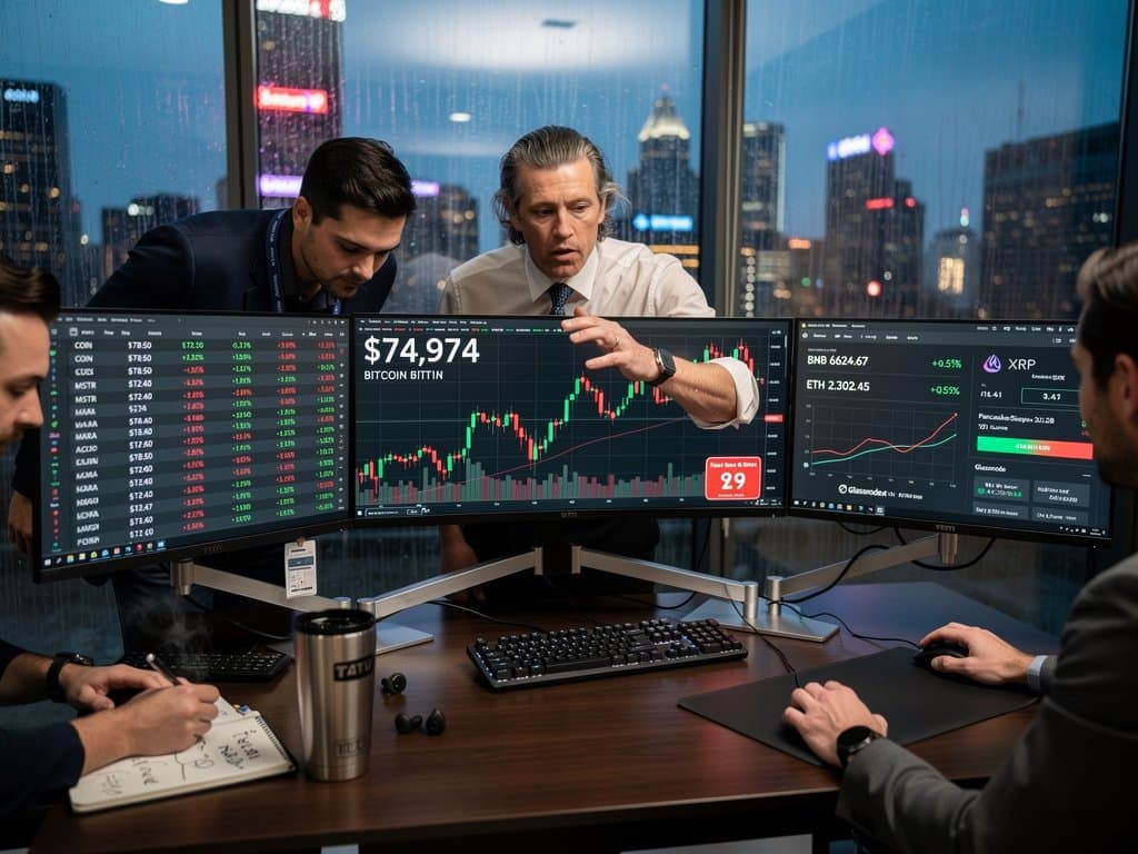 Trading desk monitors show BTC at $74,974 charts, Fear & Greed Index at 29, and market data with city view