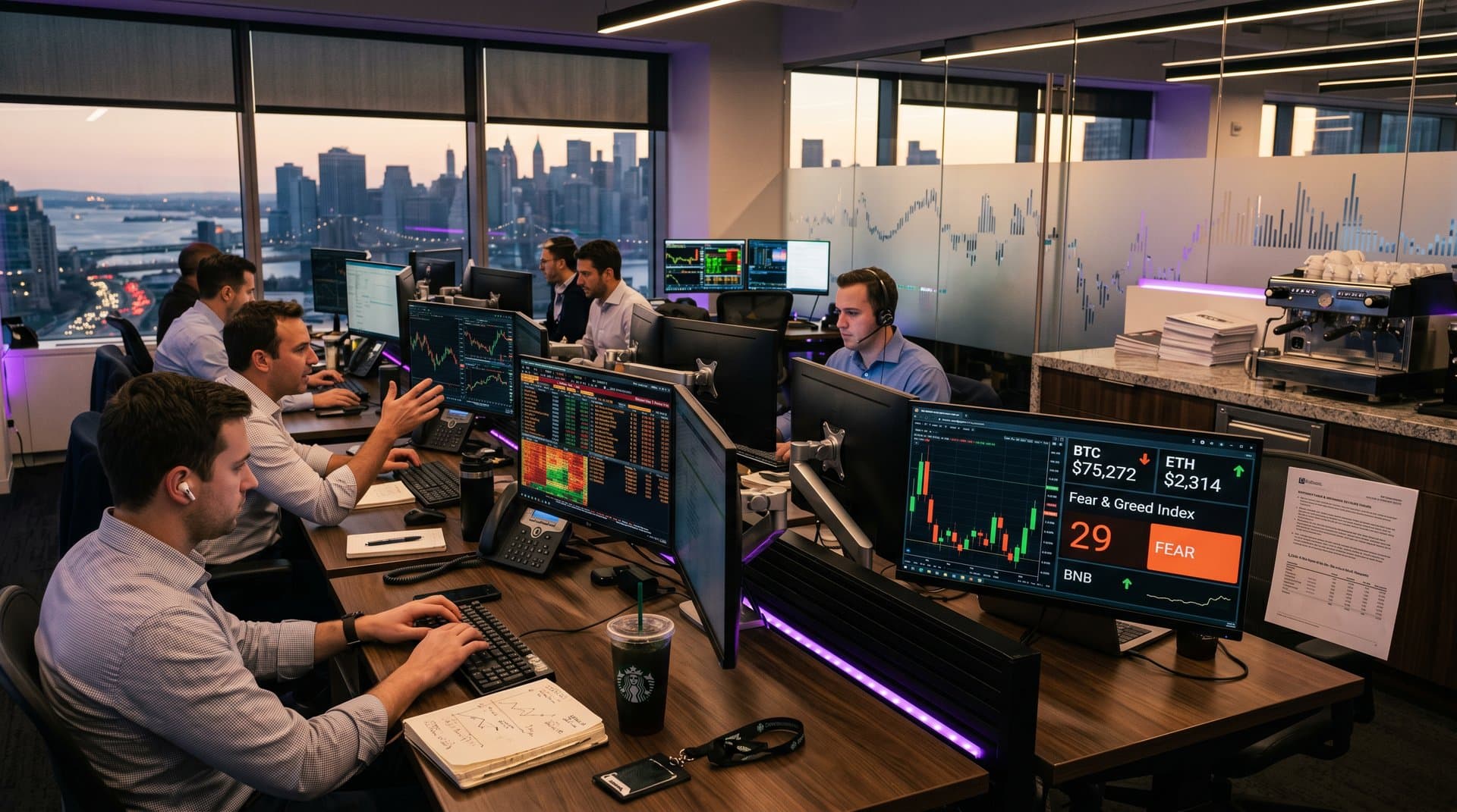 Modern trading desk with monitors showing BTC at $75K, Fear Index at 29, crypto charts in professional finance office