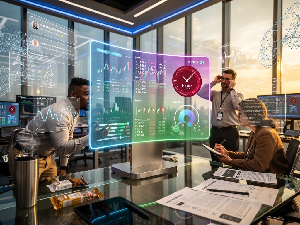 Holographic AI dashboard merging health analytics with crypto charts in futuristic tech style