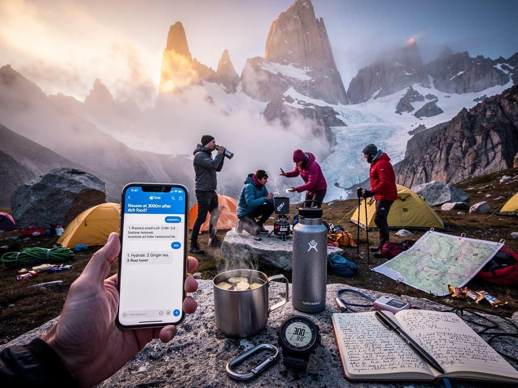 Smartphone with AI health chat in Patagonia mountains, wellness icons and neural patterns