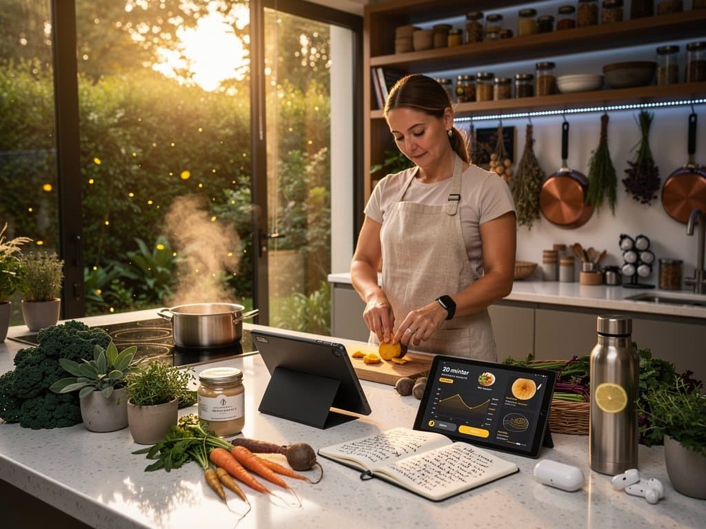 AI tablet on kitchen counter displays Agentic Cloud recipe with tahini greens, fresh ingredients, and mindfulness cues in serene wellness setup