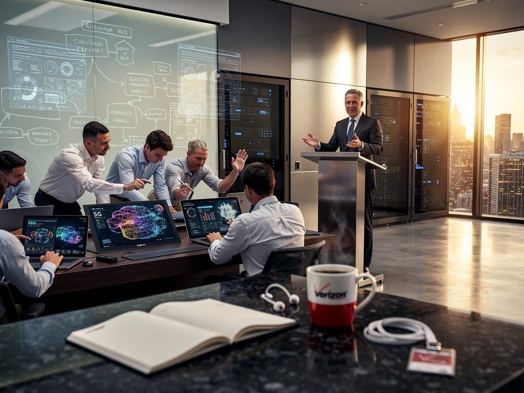 Modern telecom lab conference setup with AI dashboards on monitors, notebooks, and holographic data amid server racks