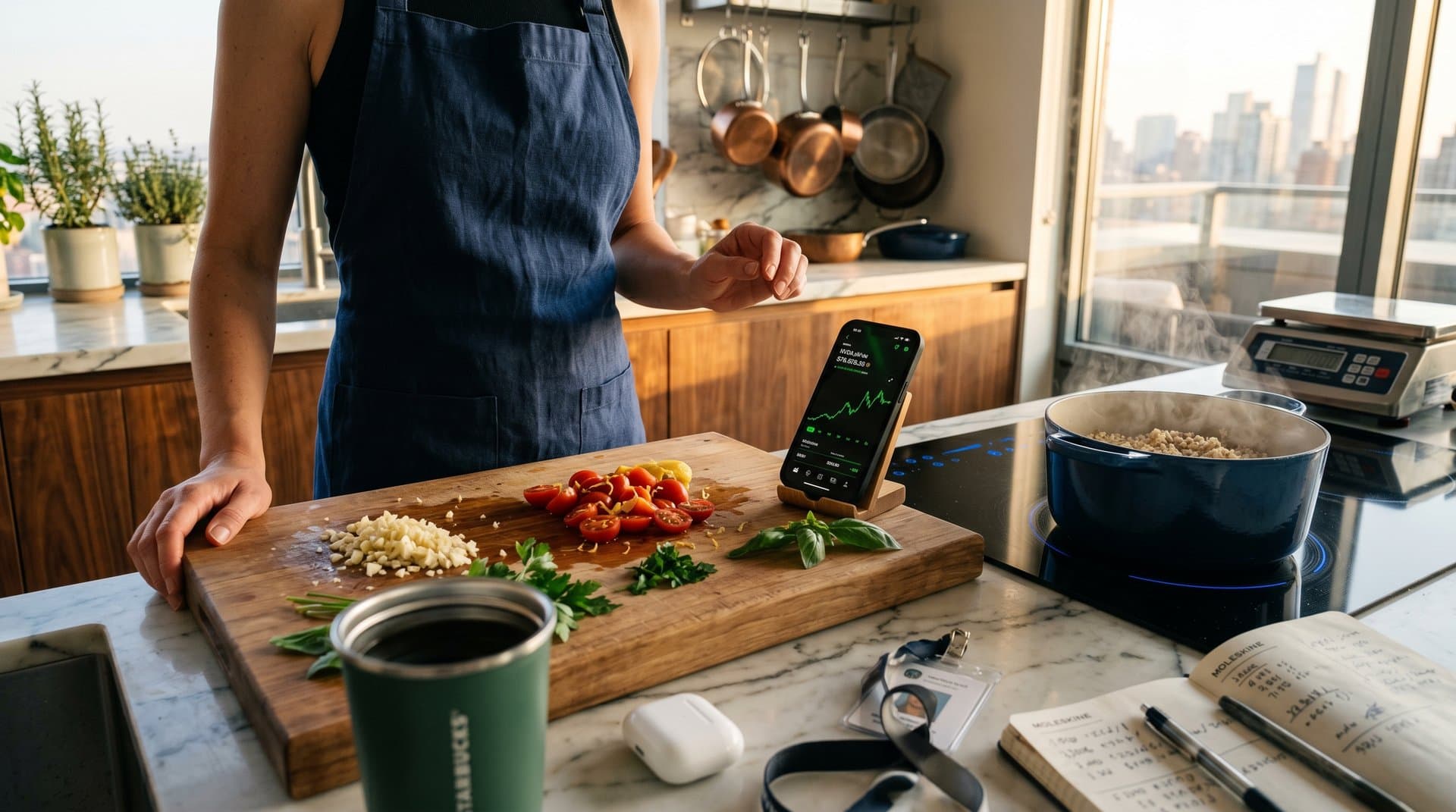 Kitchen scene blending quinoa salad prep with smartphone showing Nasdaq and Nvidia stock charts rising