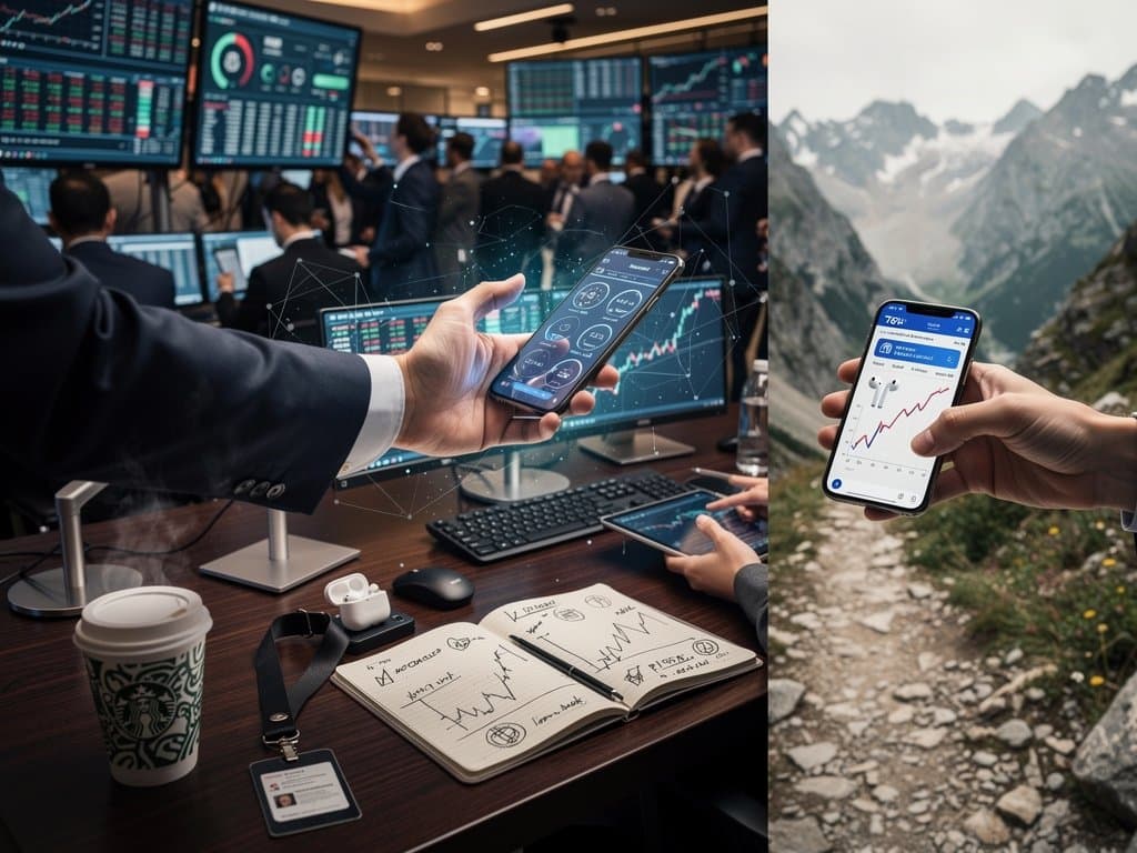 Split scene of hand releasing AI smartphone for compass on mountain trail amid crypto charts and neural patterns