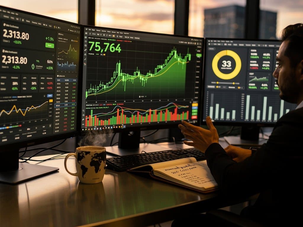 Trading desk with BTC $75,764 charts, Fear & Greed 33, crypto stocks tickers, skyline view evoking nomad finance