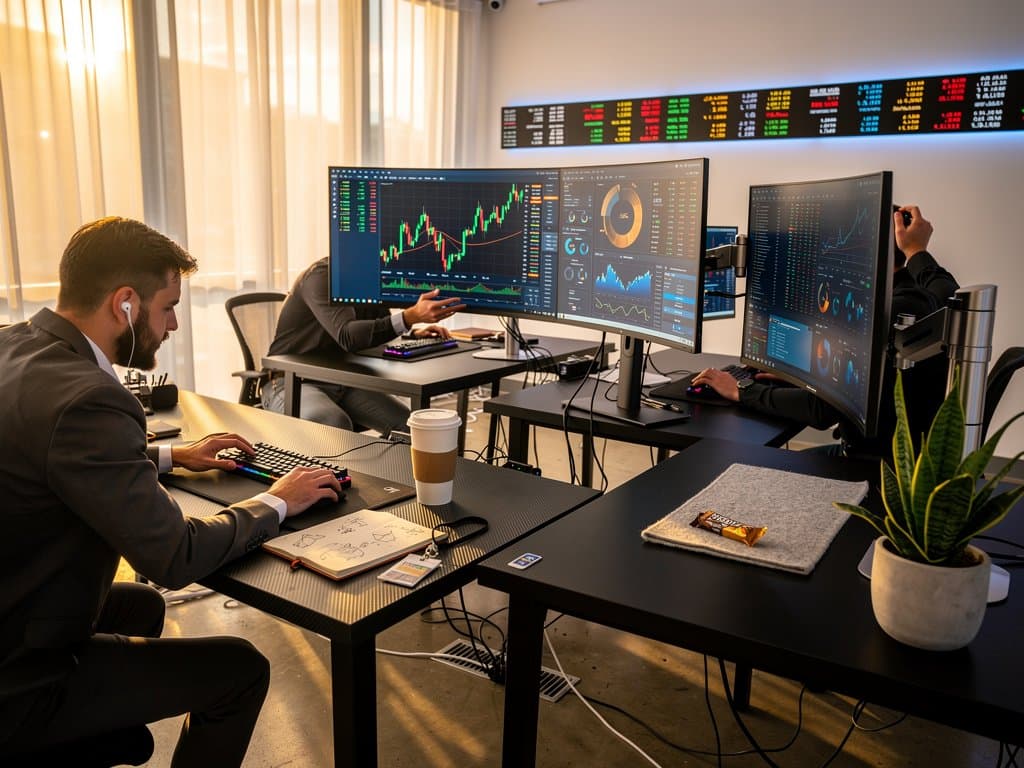 Modern trading desks with screens displaying BTC $75,619 up 1.6%, ETH $2,306, Fear & Greed 33, crypto stock charts in sunlit office.