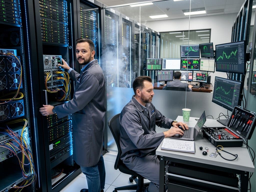 Glowing server racks and monitors display mining metrics in a high-tech data center
