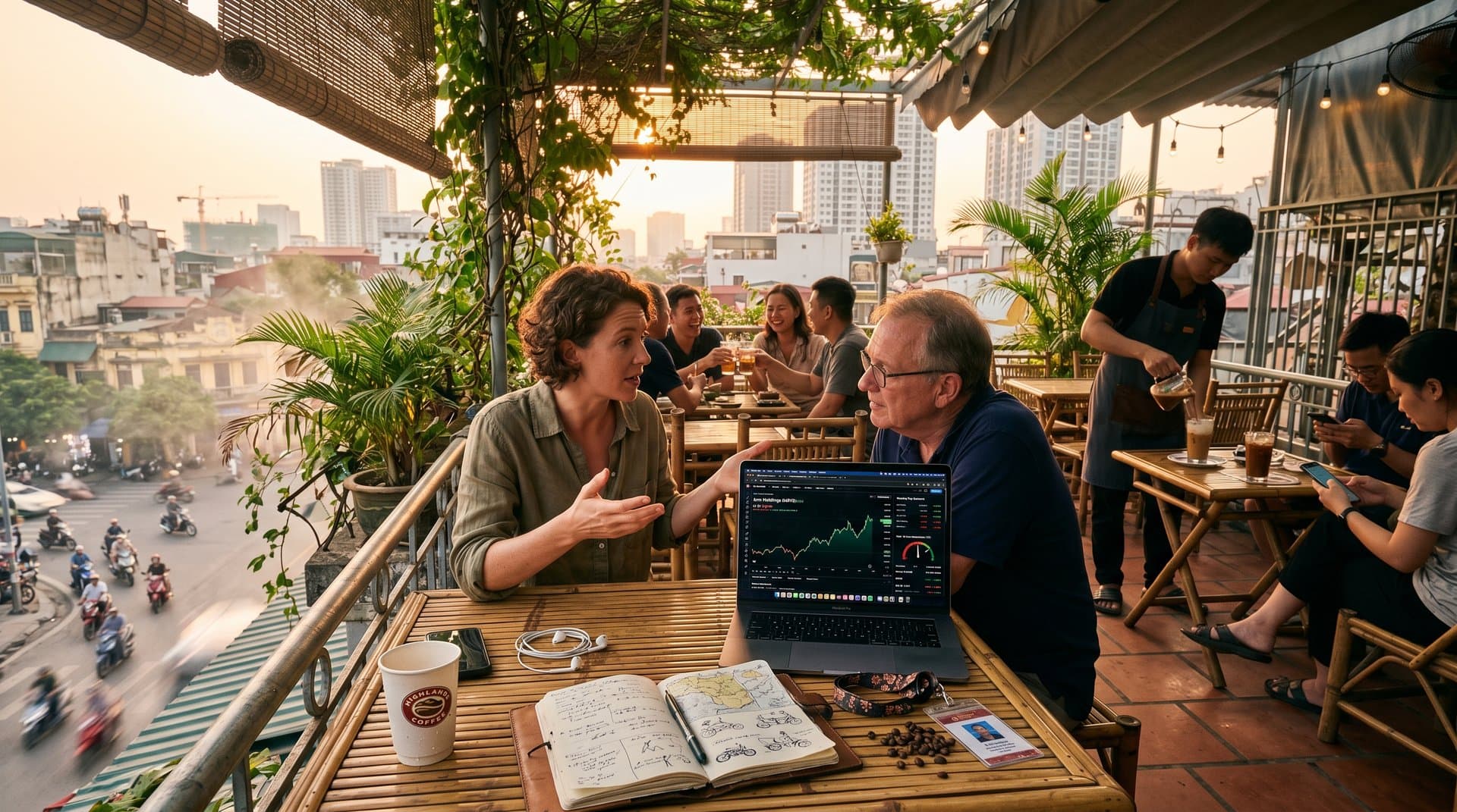 Hanoi cafe laptop displaying AI growth stock ARM Nasdaq charts and Fear & Greed Index at 33