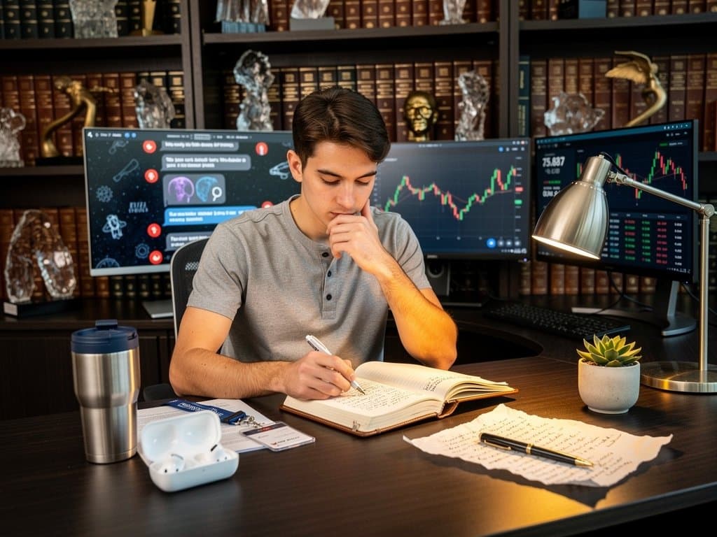 Silhouette reflecting away from glitchy AI screen toward nature, with crypto charts and journal in home office