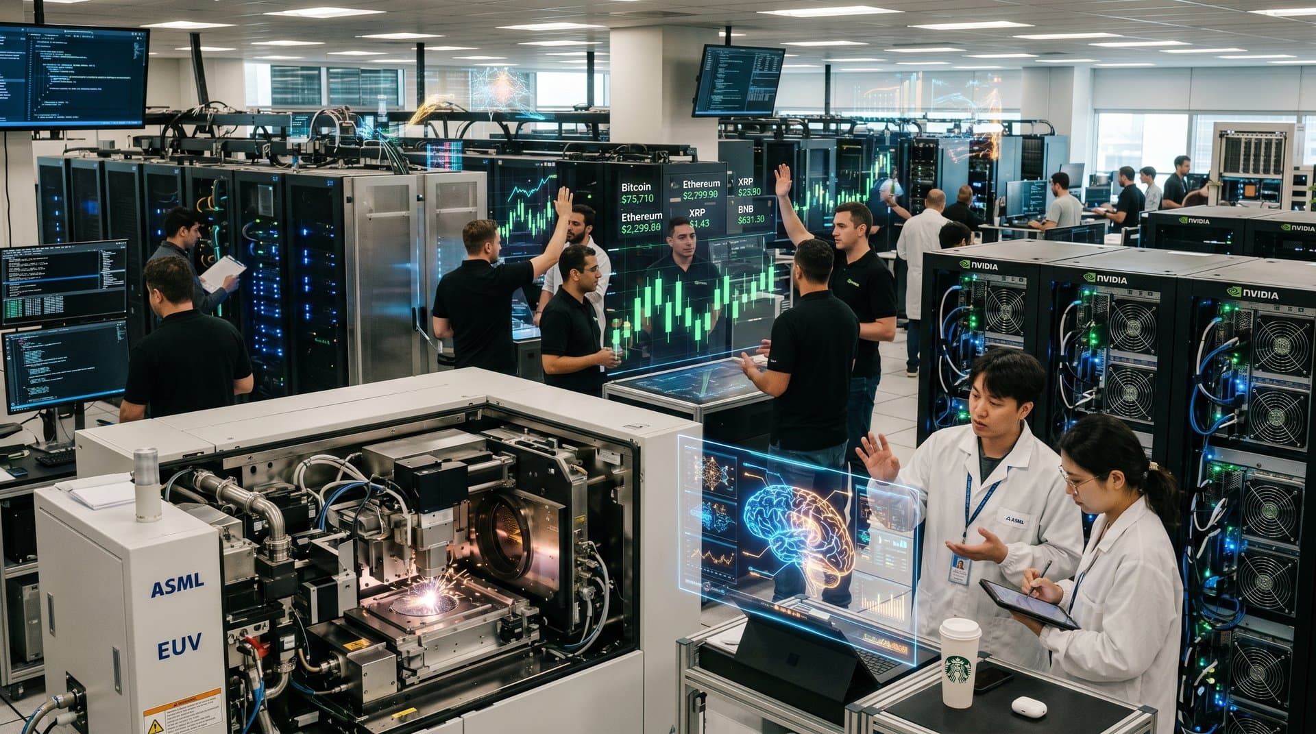 ASML EUV machine etching AI chips with Bitcoin charts and GPU servers in futuristic tech-finance scene (78 chars)