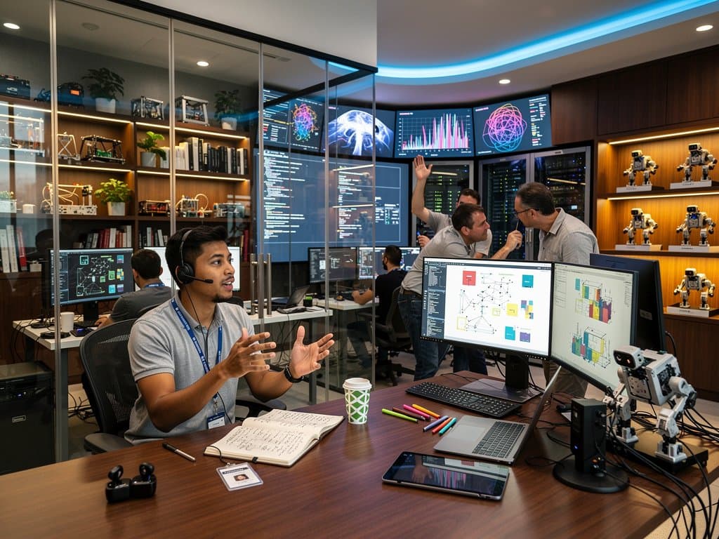 AI lab with engineers viewing neural networks on monitors amid collaborative tech setups