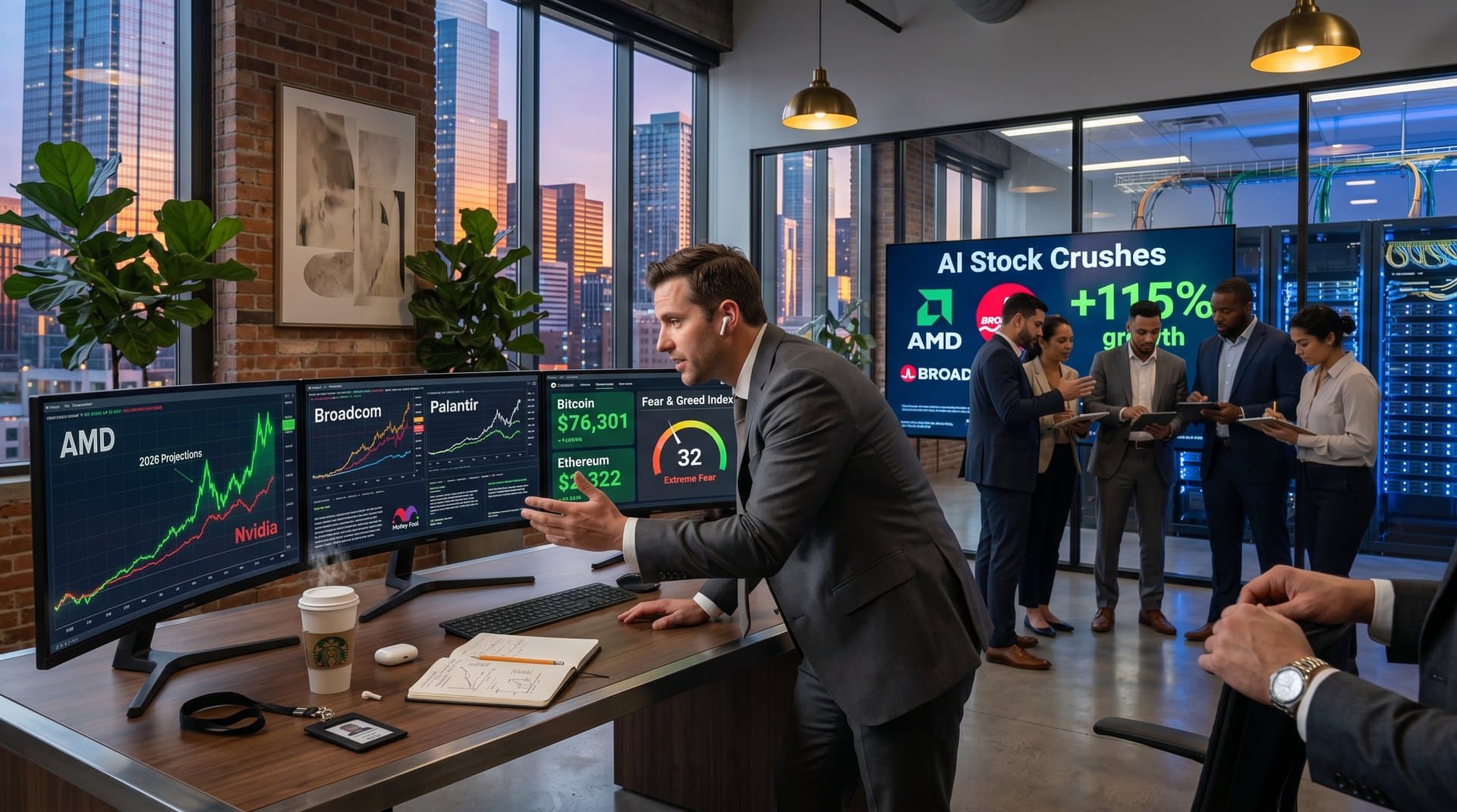 Fintech desk with monitors showing AMD Broadcom AI stocks outperforming Nvidia, crypto prices, holographic neural networks in high-tech office